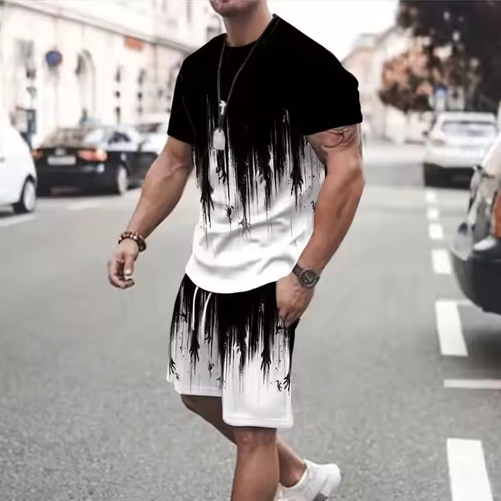 Customized new men's jogging set hooded T-shirt short training set with three color splicing casual sports men's short T-shirt set